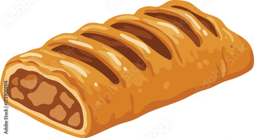 A golden-brown baked pastry filled with a savory meat mixture, sliced to reveal the filling.