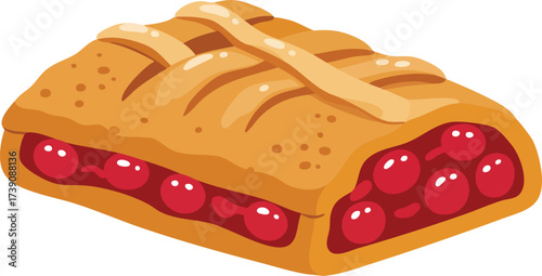 A delicious golden-brown pastry filled with bright red cherries, resembling a strudel or fruit pie.
