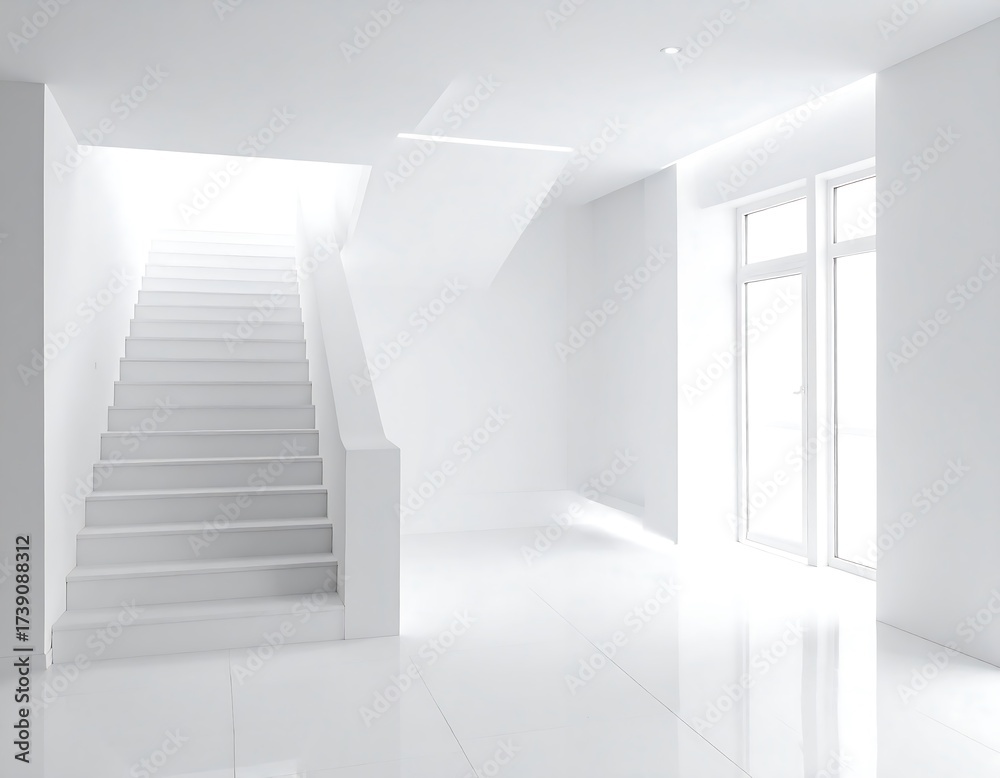 Fototapeta premium Modern Minimalist Interior with a White Staircase and Bright Natural Light