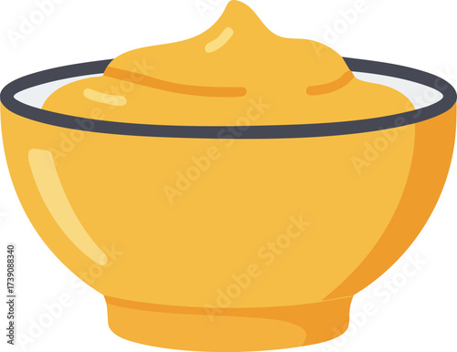 Create a detailed description, between 6 and 180 characters, without keyword lists.     *   "A vibrant yellow bowl filled with a creamy, golden sauce or dip,...