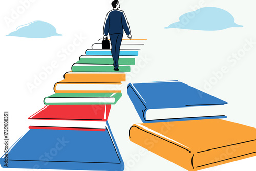 Man walking up stairs made of books towards clouds