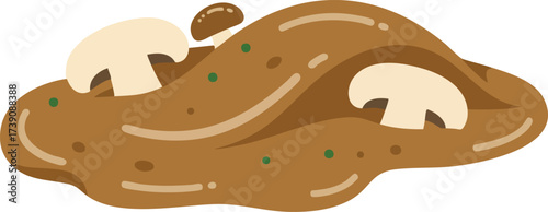 Illustration of mushroom gravy with sliced mushrooms on top.