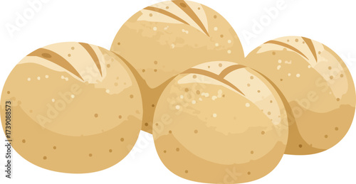 Illustration of four round bread rolls with scored tops.