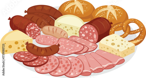 A platter of assorted cold cuts, cheeses, bread rolls, and pretzels.