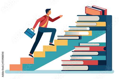 Man ascending a tall staircase of books with briefcase
