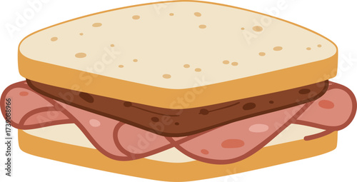 Cartoon sandwich with ham and a brown filling between two slices of bread.