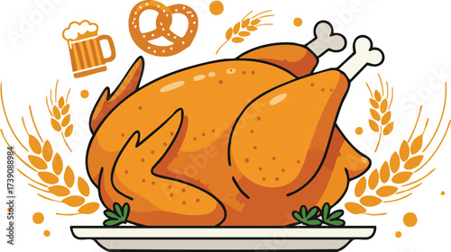 A roasted turkey on a plate, with beer, pretzel, and wheat, perfect for a feast.