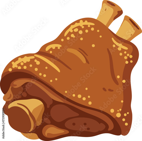 A delicious roasted pork knuckle with two bones sticking out, glistening with a rich brown glaze.