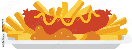 Illustration of a classic German Currywurst with french fries and two types of sauce on a white plate, depicting a popular fast food meal.