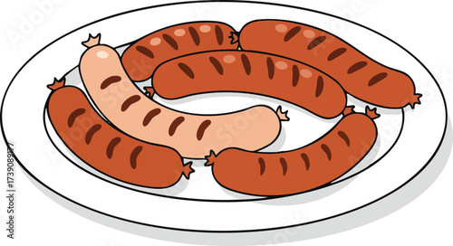 Plate of sausages, some grilled and some light colored.