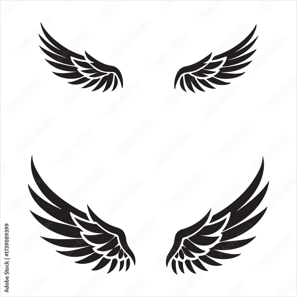 Obraz premium set of vector wings, bird, eagle, silhouette, vector, wing, flying, animal, illustration, tattoo, wings, feather, dove, black, design, fly, nature, hawk, symbol, icon, birds, angel, pigeon, flight, se