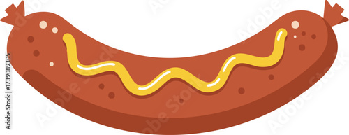 Cartoon illustration of a brown sausage with yellow mustard drizzled on top, a classic grilled food item.