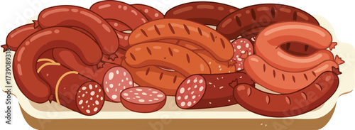 A close-up shot of a variety of sausages arranged on a white serving platter, showcasing different types.