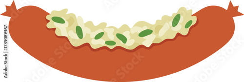 A simple vector illustration of a curved sausage with a relish or sauerkraut topping, isolated on a white background.