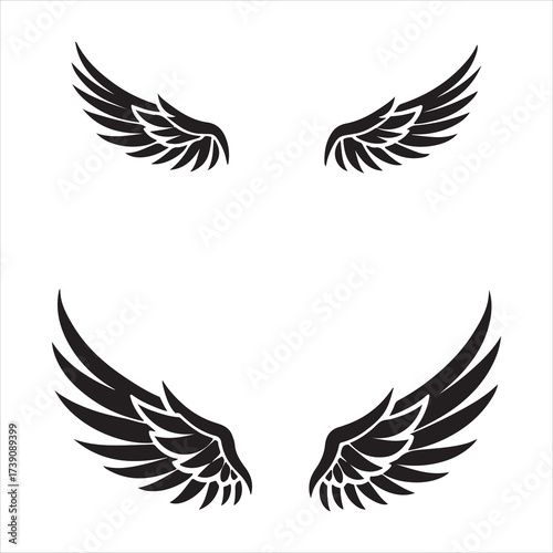 set of vector wings, bird, eagle, silhouette, vector, wing, flying, animal, illustration, tattoo, wings, feather, dove, black, design, fly, nature, hawk, symbol, icon, birds, angel, pigeon, flight, se