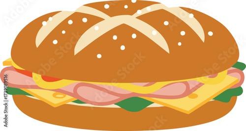 An illustration of a delicious ham and cheese sandwich on a pretzel bun with lettuce and mustard.