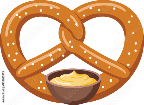 A classic golden-brown salted pretzel served with a small bowl of creamy yellow cheese sauce for dipping.