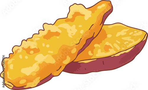 Illustration of two pieces of fried sweet potato, one whole and one cut, showing the texture.