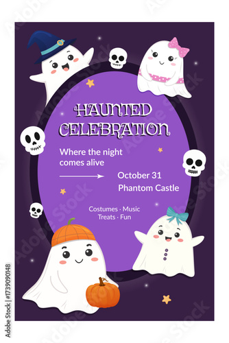 Cute Ghosts Halloween Celebration Poster. Family friendly Halloween events, children parties