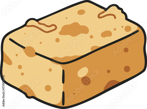 A simple, stylized illustration of a golden-brown piece of fudge with a slightly irregular shape and visible texture.