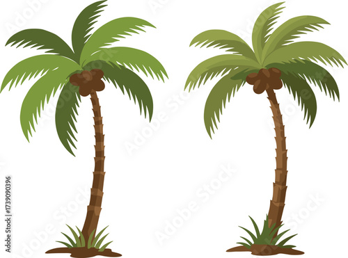 Cartoon palm tree illustration, tropical vegetation, coconut tree design, curved trunk, green fronds, stylized nature art, summer vibe, island plant, beach tree, vector graphic