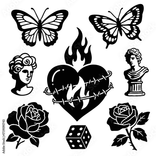 Tattoo art 1990s, 2000s. Y2k stickers. Butterfly, barbed wire, fire, flame, chain, heart and other elements in trendy psychedelic style. Vector hand drawn tattoo print. Black and white colors.