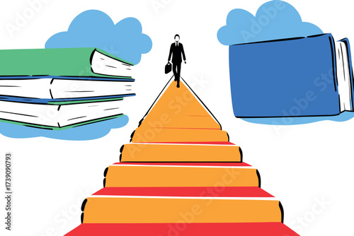 Businessman ascending stairs made of books with book stacks on sides