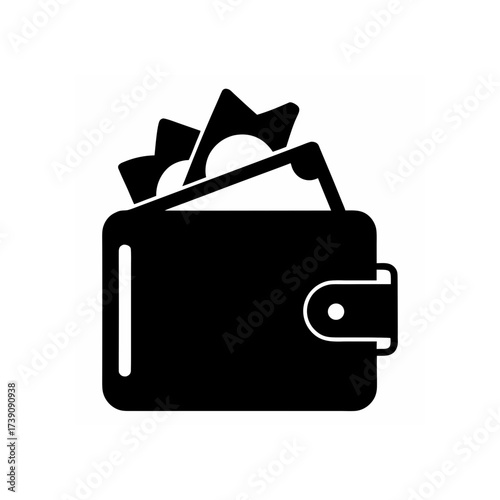 Illustration of a black wallet with money sticking out of it on a white isolated background on transparent background silhouette