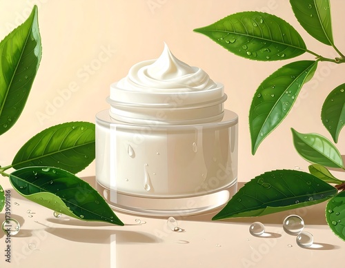 Jar of cosmetic cream with green tea leaves for skincare concept illustration