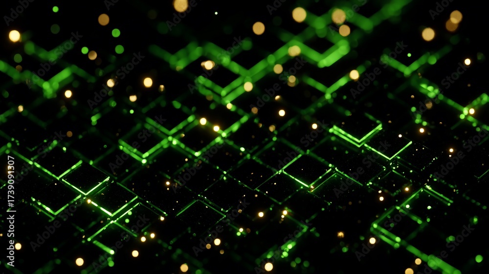 Fototapeta premium Abstract Technology Concept with Green Lines and Golden Bokeh Light Effects on Dark Background
