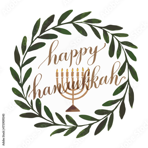 Hanukkah wreath with menorah and calligraphy happy hanukkah isolated on white background