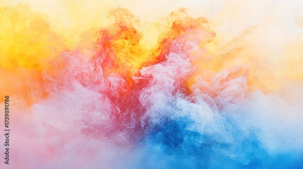 Obraz premium Abstract vibrant colorful smoke plumes in red, orange, yellow, blue blend and swirl
