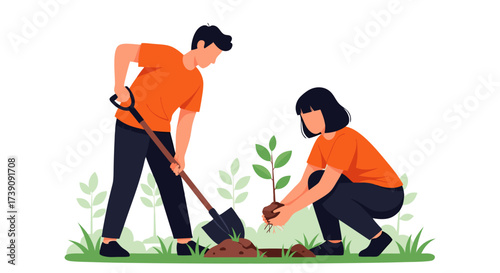 Environmental volunteers planting a small tree sapling to promote nature conservation and sustainability, working together for a greener future