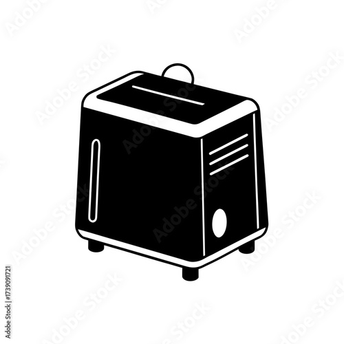A black and white drawing of a toaster with a slot on top and a knob on the side and small feet on transparent background silhouette