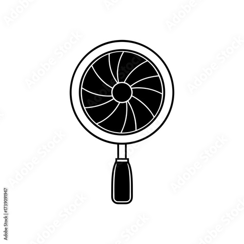 Illustration of a handheld fan with curved blades inside a circular frame and a vertical handle shape 100 on transparent background silhouette