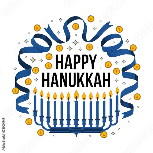 Happy hanukkah menorah with ribbons and coins isolated on white background