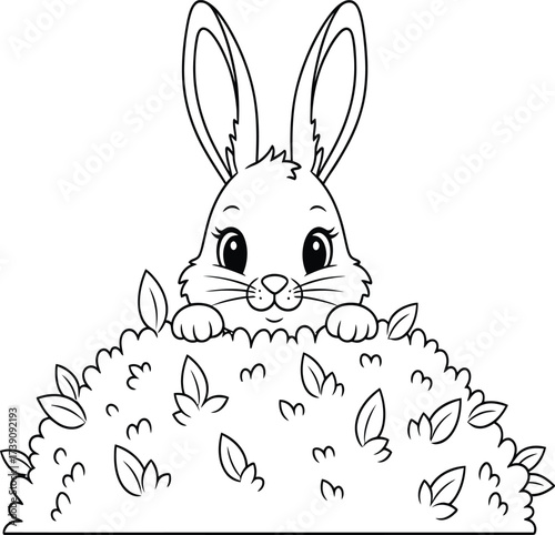 Adorable peeking bunny in a leafy bush, a charming black and white cartoon illustration perfect for Easter, spring, children's coloring books, and cute animal-themed designs.
