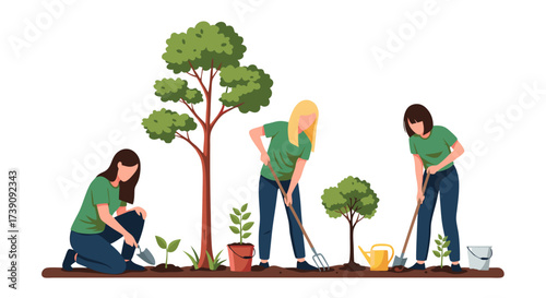 Group of women participating in a community gardening project, planting trees and tending to saplings, symbolizing environmental protection and sustainable living for a greener future