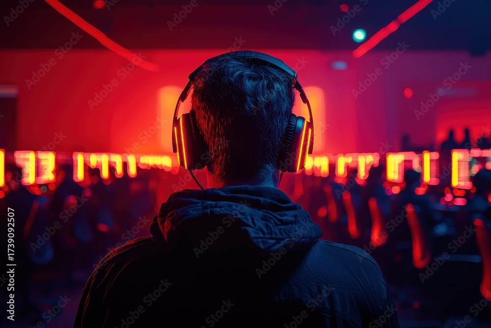 Obraz premium Gamer Focused on Competitive Match in Neon-Lit Esports Arena with Headphones and Dramatic Lighting