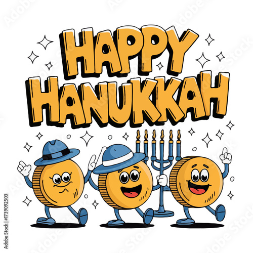 Happy hanukkah cartoon coins with menorah isolated on white background