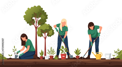 Diverse group of women actively planting trees and fostering new growth in a vibrant community gardening project for environmental sustainability
