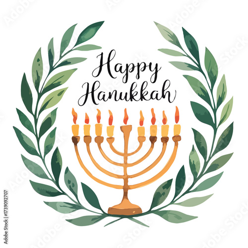 Happy hanukkah wreath with menorah and candles isolated on white background