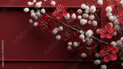 Elegant Red Floral Arrangement with Cherry Blossoms on Rich Burgundy Background for Spring Decor