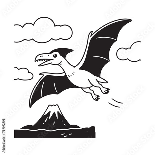 A black and white cartoon illustration of a pterodactyl flying in the sky. 