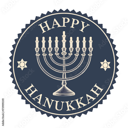 Happy hanukkah menorah emblem isolated on white background