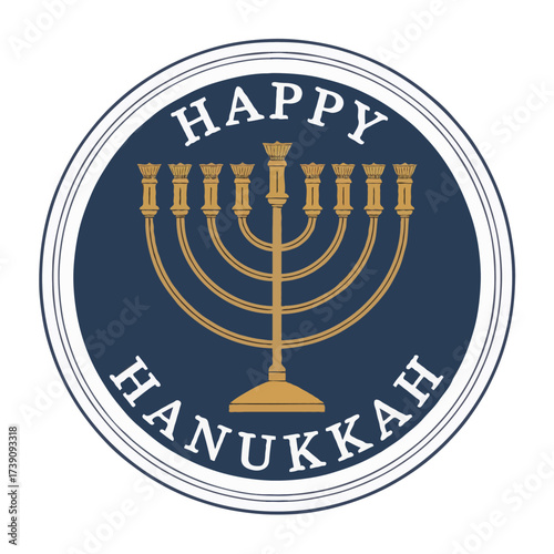 Happy hanukkah menorah emblem isolated on white background