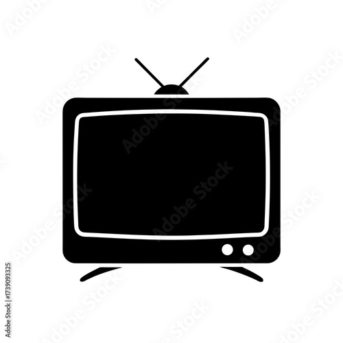 Illustration of an old television set with antenna and rounded edges in solid black color on white background on transparent background silhouette