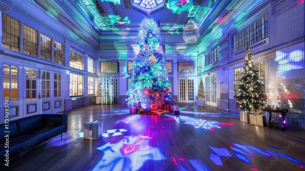 Obraz premium Festive Christmas Tree in Elegant Large Room with Colorful Light Show and Decorated Smaller Tree