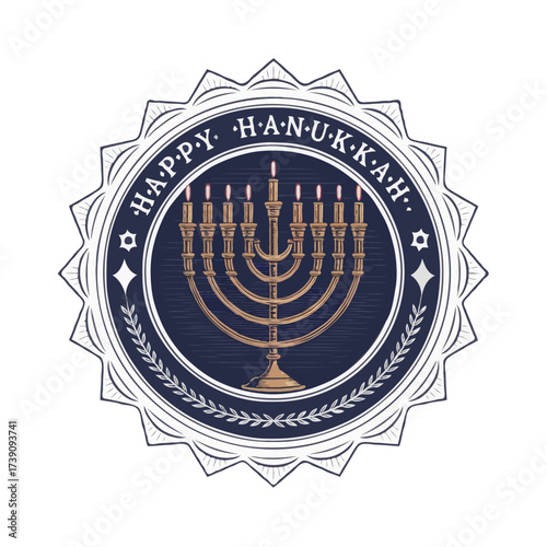 Happy hanukkah menorah emblem isolated on white background