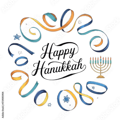 Happy hanukkah greeting with menorah and festive ribbons isolated on white background